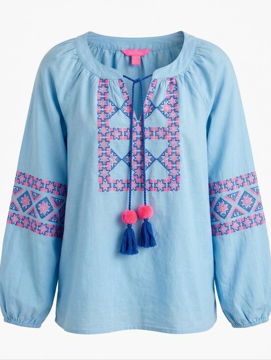 Lilly Pulitzer Tops - Lilly Pulitzer Cecile Pink Embroidered Tunic Zanzibar Blue Sz.S Boho Peasant Top